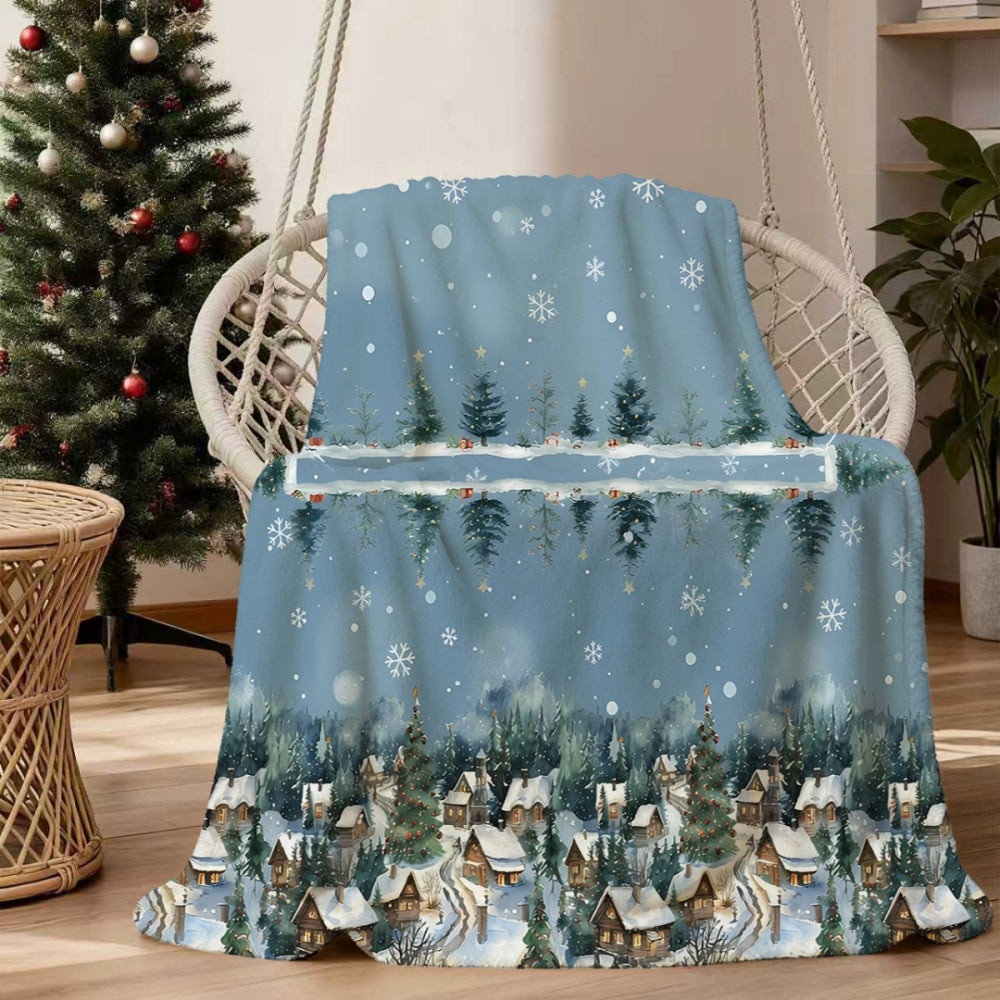 1pc Christmas Snowy Forest and Cabin Pattern Flannel Blanket, Soft, Comfortable, and Warm, Blue Design, Durable Plush Surface, All-Season Universal Sofa Blanket, Warm Throw Blanket, Multiple Sizes Available, Suitable for Living Room Sofas