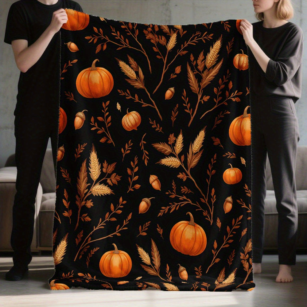 1pc Autumn Pumpkin and Wheat Sheaf Pattern Black Flannel Blanket, Soft, Comfortable, and Warm, Vintage Style Design, Durable Plush Surface, All-Season Universal Bed Blanket, Warm Cover Blanket, Multiple Sizes Available, Suitable for Living Room Sofa