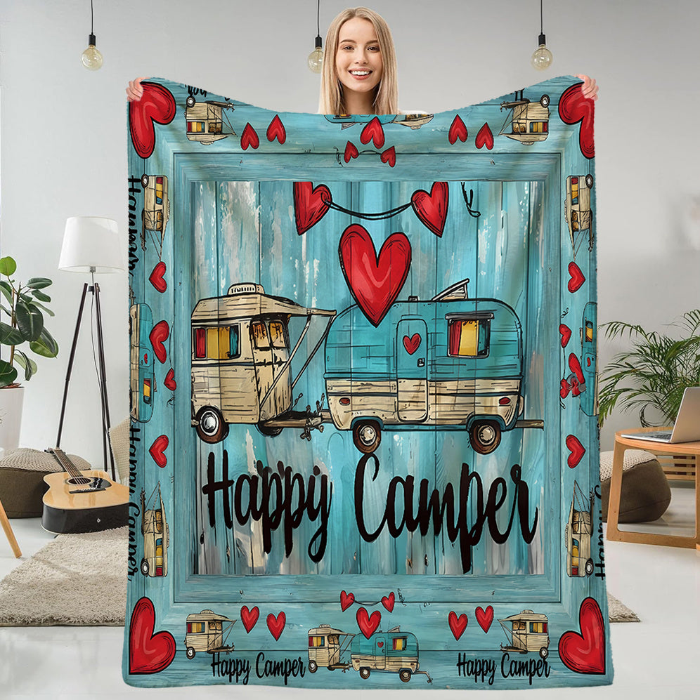 1pc Vintage Camper Pattern Blanket, Romantic Style Design, Soft Plush Surface, Lightweight and Durable Flannel Material, Multiple Sizes Available, Perfect for Holiday Gatherings, Living Room Lounging, Bedroom Warmth, Outdoor Camping, Seasonal Home