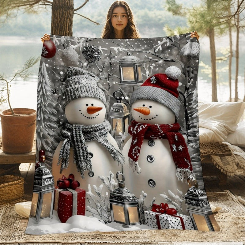1pc Christmas Snowman and Lantern Gift Pattern Flannel Large Blanket in Black and Red, Multiple Sizes Available, Full-Body Blanket, Christmas Winter Decoration, Durable Plush Surface, Suitable for Living Room Sofa Cover, Weekend Sofa Naps