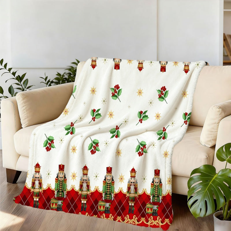 1pc 2D Flat Printing Christmas Nutcracker Blanket, Soft Fleece Blanket - White Background with Red And Green Decor, Multi-Size Available, Suitable for Living Room, Bedroom, Sofa, And Casual Area
