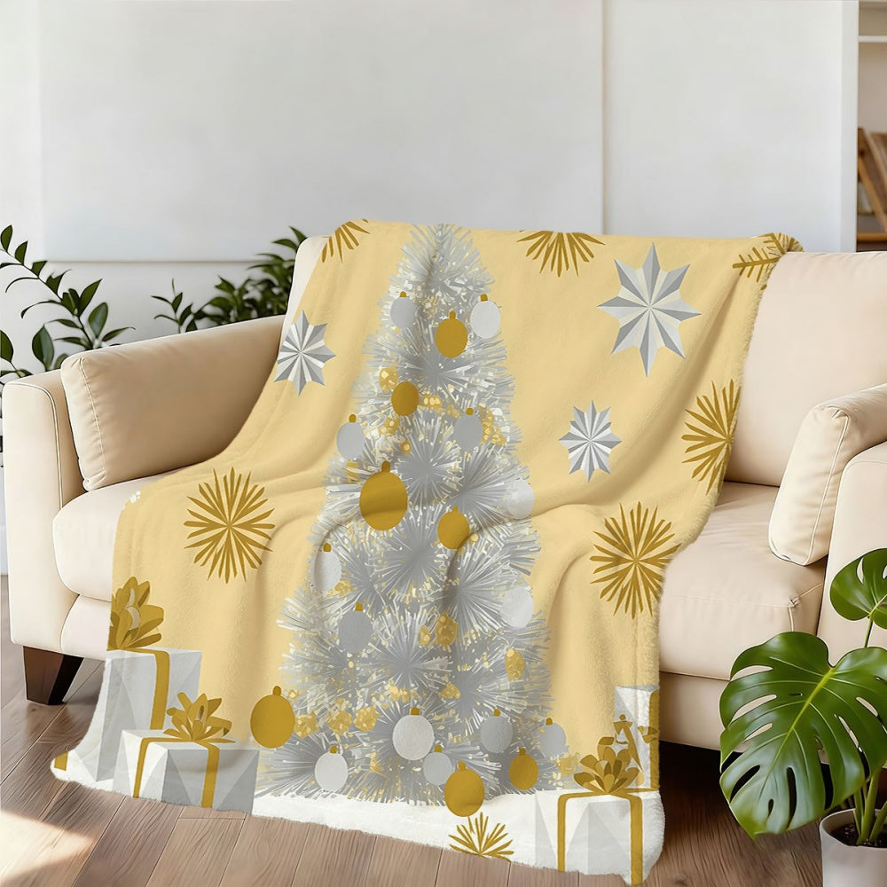 1pc Christmas Tree and Snowflake Pattern Flannel Blanket, Soft, Comfortable, and Warm, Beige with Silvery-Golden Design, All-season Universal Blanket, Warm Throw Blanket, Multiple Sizes Available, Suitable for Living Room Sofas, Bedroom