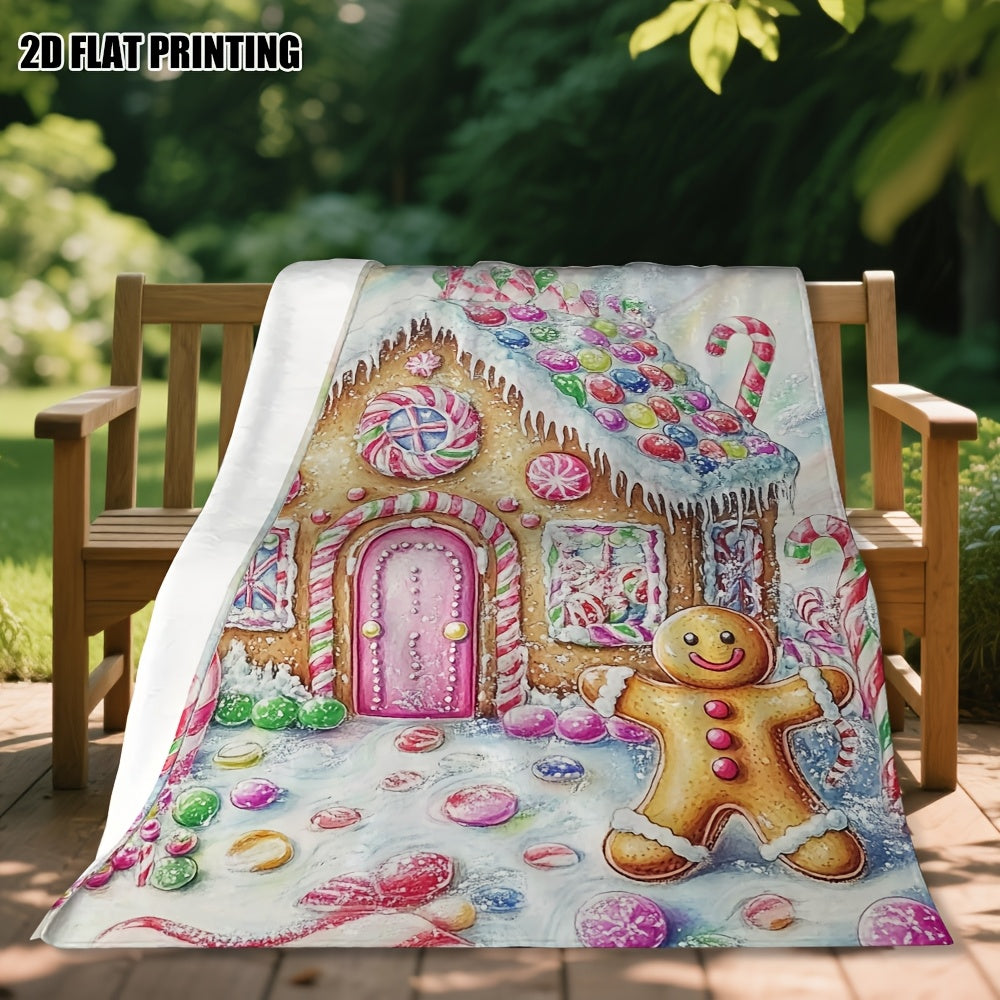 1pc Gingerbread House and Gingerbread for Man Christmas Themed Flannel Large Blanket, Holiday Decorative Design, Large Plush Throw Blanket, Suitable for Weekend Sofa Naps, Camping Leisure, and Home Naps