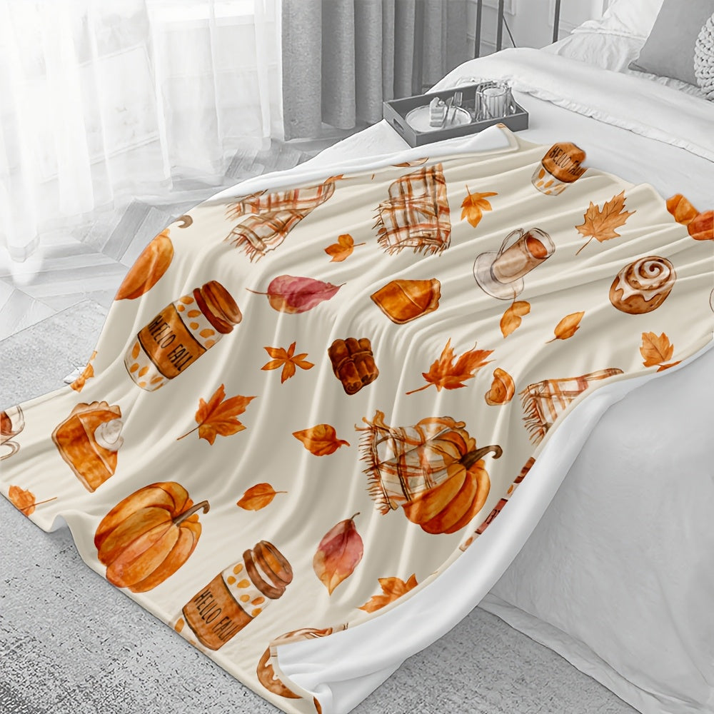 280Gsm 2D Printed1pcs Autumn Pumpkin and Maple Leaf Pattern Soft and Comfortable, Blanket Thanksgiving Christmas Halloween Holiday Gift Blanket Hallowean Daka Herbstdeko Soft and Comfortable Shawl
