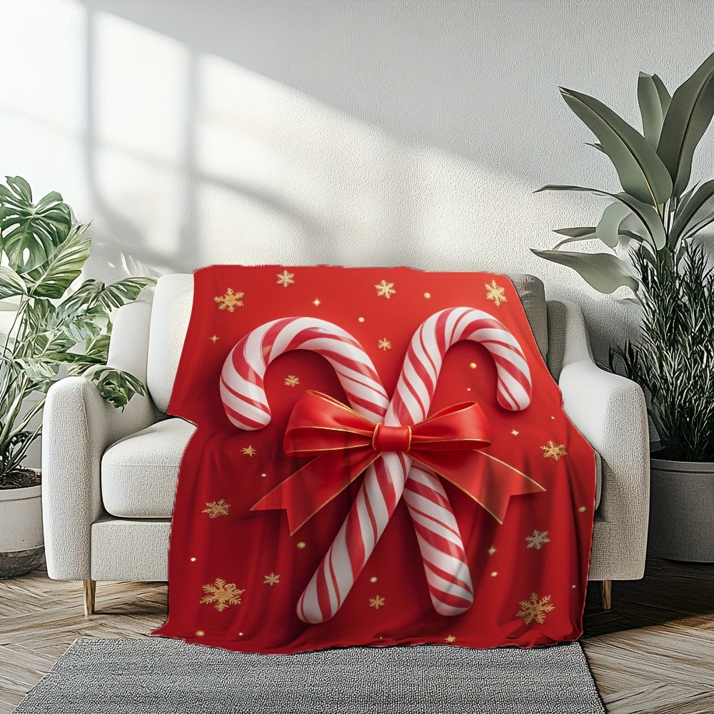 1pc Red Candy Cane Pattern Blanket, Christmas Holiday Decorative Design, Soft Plush Surface, Lightweight and Durable Flannel Material, Multiple Sizes Available, Perfect for Christmas, Living Room Decor, Bedroom Warmth, and Christmas Holiday