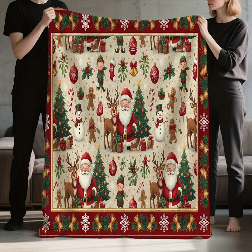 1pc, Santa Claus and Reindeer Pattern Red Themed Flannel Blanket, Soft, Comfortable, and Warm, Classic Holiday Design, Durable Plush Surface, All-Season Universal Sofa Blanket, Warm Cover Blanket, Multiple Sizes Available, Suitable for Living Room