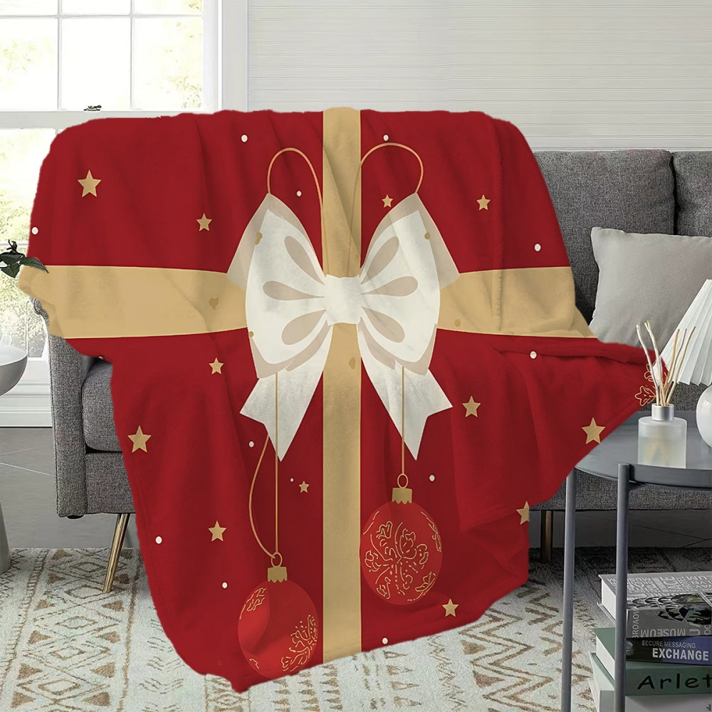 1 Christmas Gift Box Patterned Blanket, Soft, Comfortable, and Warm, with a Red and Golden Design. A Four-season Universal Sofa Blanket and Warm Throw Blanket, Available in Multiple Sizes. Suitable for Living Room Sofas, Bedroom