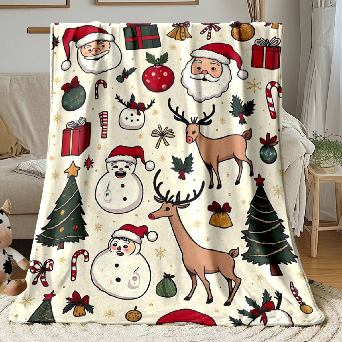 1pc Santa Claus Reindeer Pattern Blanket, Christmas Holiday Decor Design, Soft Plush, Flannel Material Lightweight Durable, Multiple Sizes Available, Ideal for Christmas, Outdoor Courtyard, Leisure Time, Christmas Holiday Decoration