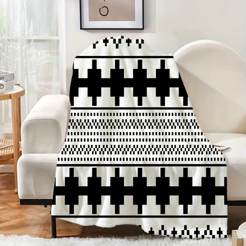 1pc Black and White Geometric Pattern Blanket, Minimalist Style Design, Soft Plush Surface, Lightweight and Durable Flannel Material, Multiple Sizes Available, Perfect for Holiday Gatherings, Living Room Lounging, Bedroom Sleeping, Study Reading