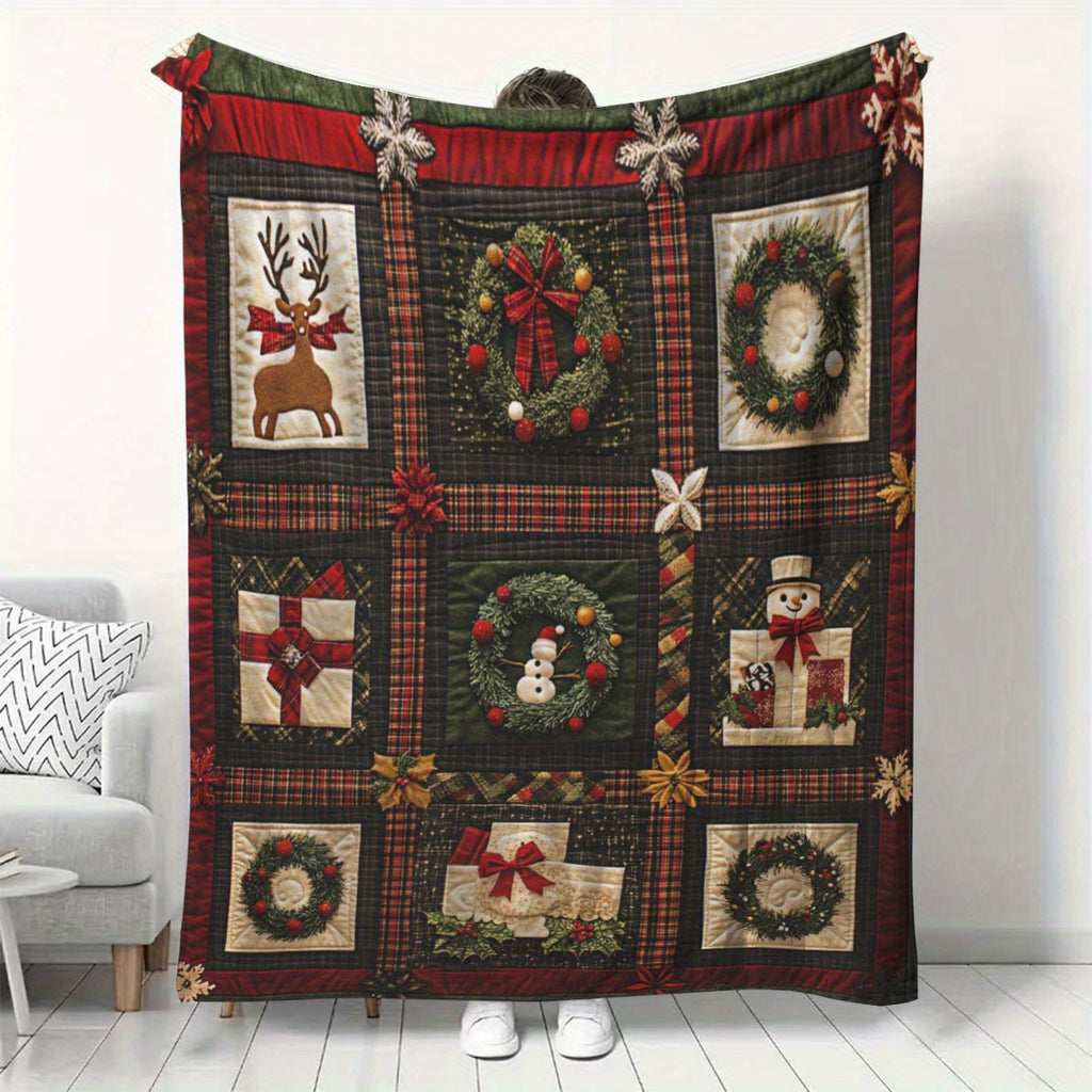 Vintage Red Snowman, Reindeer, Garland, Gift Patchwork Pattern Blanket for Family And Friends, High-Quality Polyester Machine Washable, Multifunctional Comfortable Sofa And Single Bed