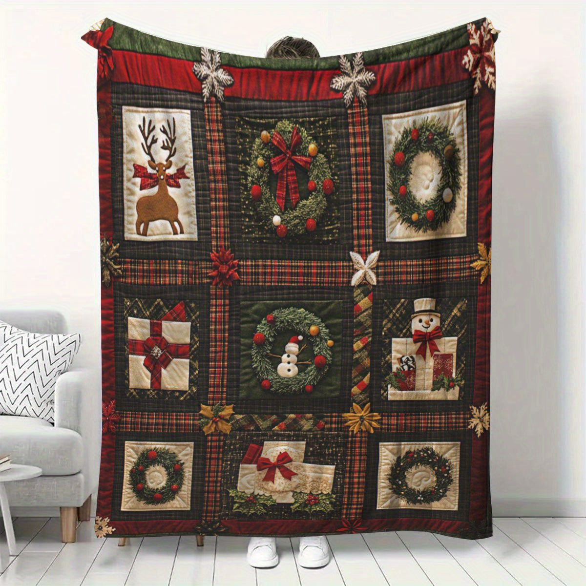 Vintage Red Snowman, Reindeer, Garland, Gift Patchwork Pattern Blanket for Family And Friends, High-Quality Polyester Machine Washable, Multifunctional Comfortable Sofa And Single Bed