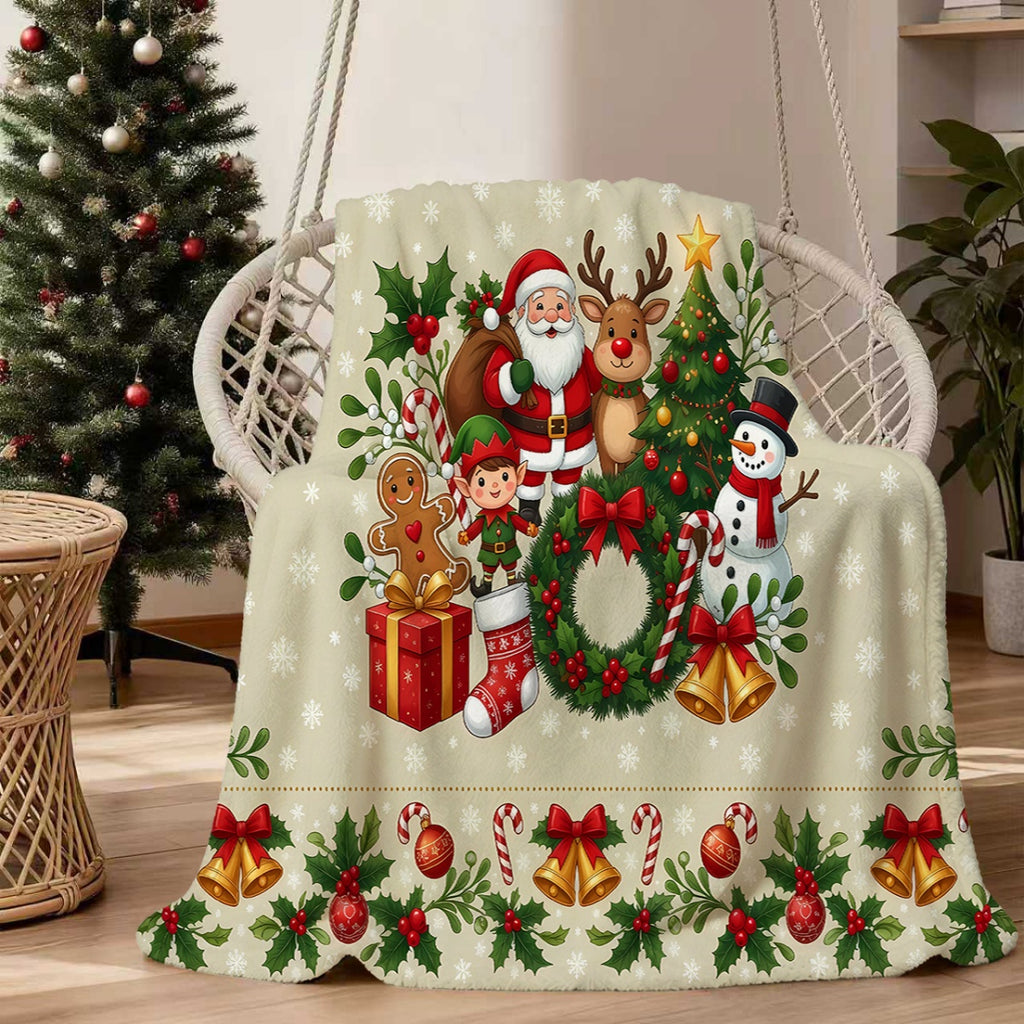 1pc, Santa Claus And Reindeer Christmas Tree Theme Flannel Blanket, Soft Comfortable Warm, Beige Design, Durable Plush, All-Season Sofa Blanket, Warm Cover, Multiple Sizes Available, Suitable for Living Room Sofa, Bedroom, Reading Corner