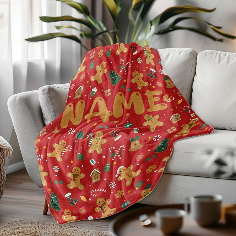 1pc Gingerbread Man And Christmas Tree Pattern Red Design Flannel Oversized Blanket, Christmas Winter Decor, Durable Plush, All Seasons, Suitable for Holiday Home Decoration, Weekend Sofa Nap, Dorm Life