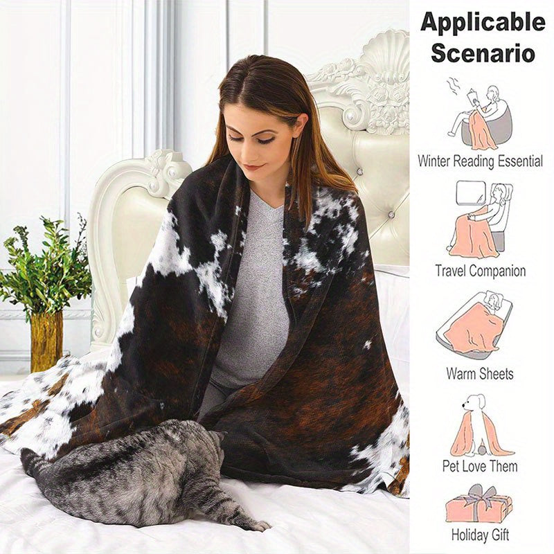 1pc, Faux Leather Flannel Blanket, Soft, Comfortable And Warm, Black Brown White Color-Block Design, Durable Velvet Surface, All-Season Bed Blanket, Warm Cover, Multi-Size Optional, Suitable for Living Room Sofa, Bedroom Bed, Office Rest