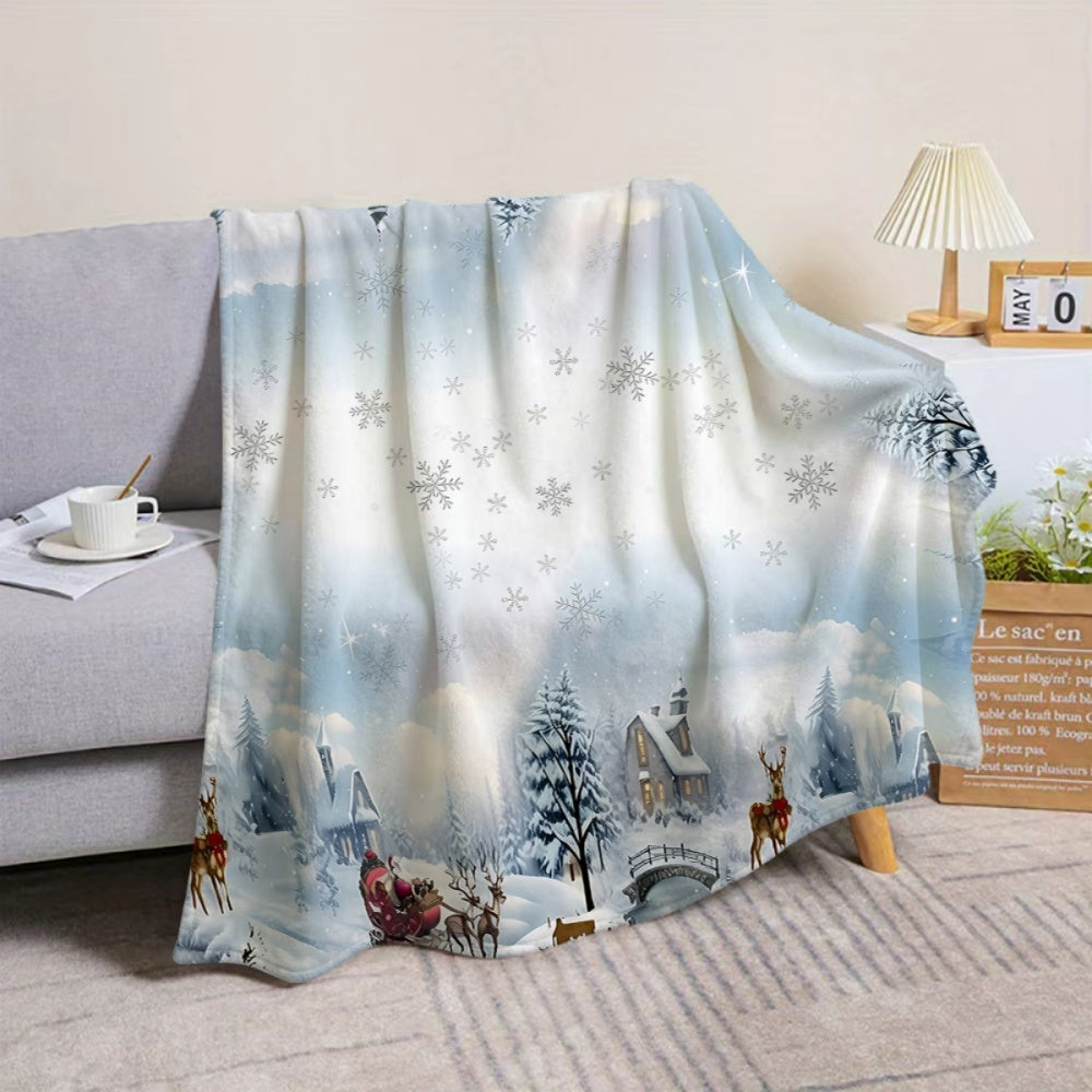 1pc, Christmas Snow Scene with Reindeer and Cabin Pattern, Soft, Comfortable, and Warm White Flannel Blanket, Winter Thermal Throw, Suitable for Living Room Sofas, Bedroom Sofa, Office Break Areas, Reading Nooks, and Holiday Decorations