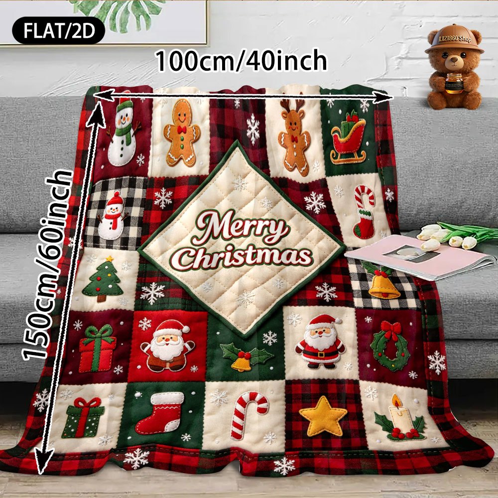 Flat/2D Digital Printing Christmas Theme Rhombus Patchwork Flannel Blanket Blanket Blanket, Country Style Santa Claus Snowman Reindeer Gingerbread for Man Christmas Stockings Gift Multi-element Pattern, Soft, Comfortable and Warm