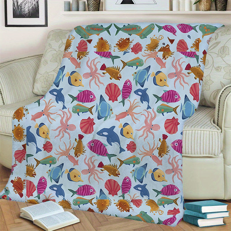1pc Marine Life Patterned Blanket, Cartoon Style Design, Soft Plush Surface, Flannel Material Lightweight And Durable, Multiple Sizes Available, Ideal for Holiday Gatherings, Living Room Leisure, Bedroom Sleep, Study Reading, Seasonal Home Decor