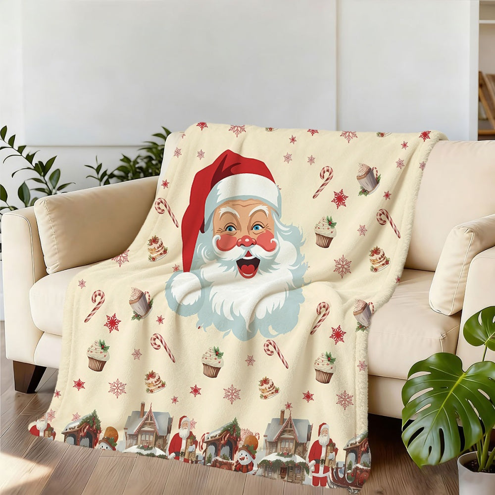 1pc Santa Claus and Candy Themed Flannel Blanket, Soft, Comfortable, and Warm, with a Creamy White Base and Festive Design. A Four-season Universal Blanket and Warm Throw Blanket, Available in Multiple Sizes. Suitable for Living Room Sofas
