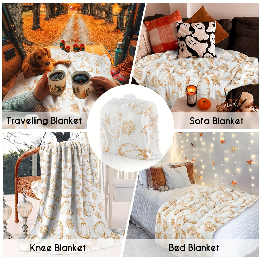 1pc Autumn Pumpkin And Maple Leaf Pattern Golden Line Design White Flannel Blanket, Soft Comfortable Warm, Durable Plush, All-Season Bed Blanket, Warm Cover, Multiple Sizes Available, Suitable for Living Room Sofa, Bedroom Bed, Reading Corner