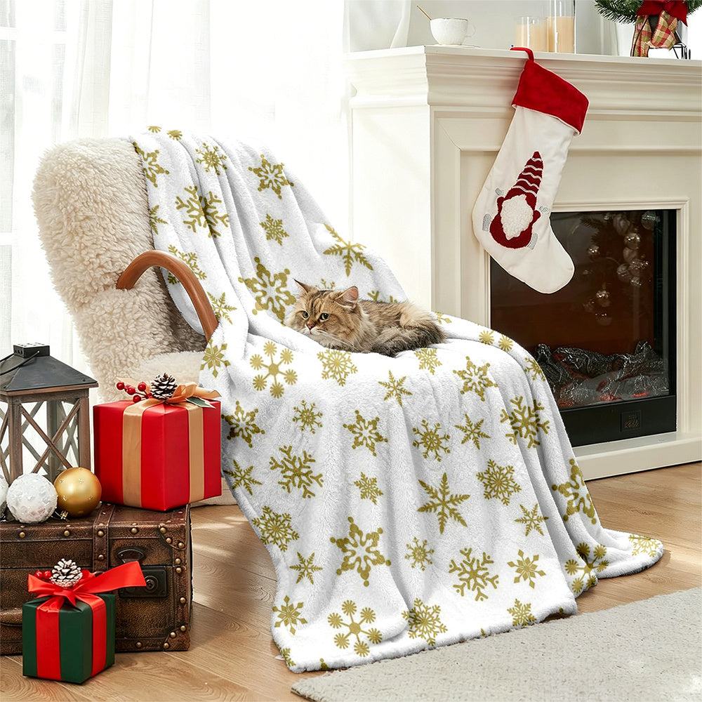 Thick Warm Christmas Blanket with Golden Snowflake Print, Perfect Christmas Gift Blanket, Festive Christmas Decorative Blanket - Soft Comfortable Flannel Blanket with Contemporary Print, Bed And Sofa Home Decor