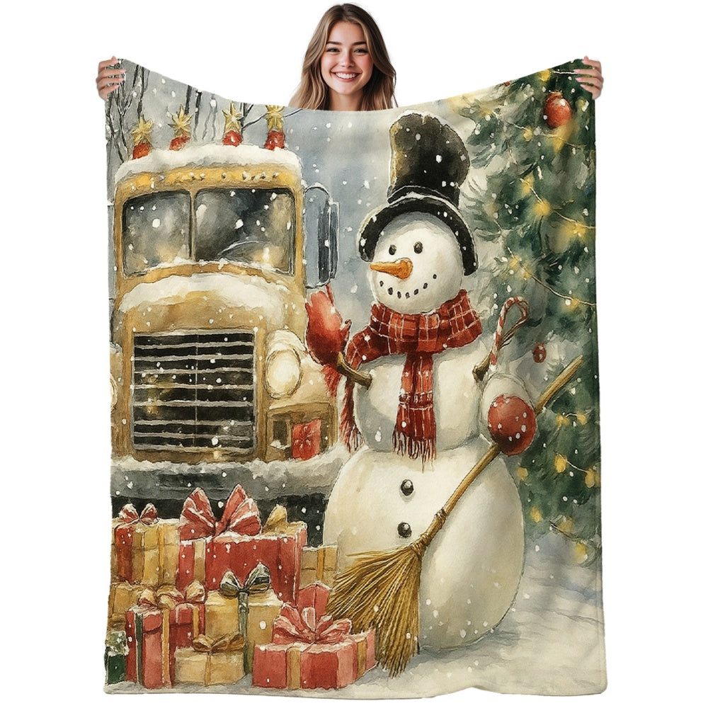 1pc Christmas Retro Truck And Snowman Flannel Blanket, Red Brown Warm Tone Design, Durable Plush Warm Blanket, Suitable for Weekend Sofa Naps, Home Afternoon Rest, Reading Time, Guest Room Backup