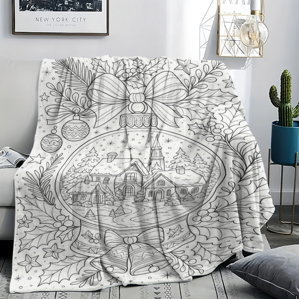 Colored And Decompressed Hand-Painted Wind Blanket - Christmas Crystal Ball Snow Flannel Blanket, Center Crystal Ball Is a Winter Village Hut, with Bows, Bells, Holly Leaves, And Christmas Balls