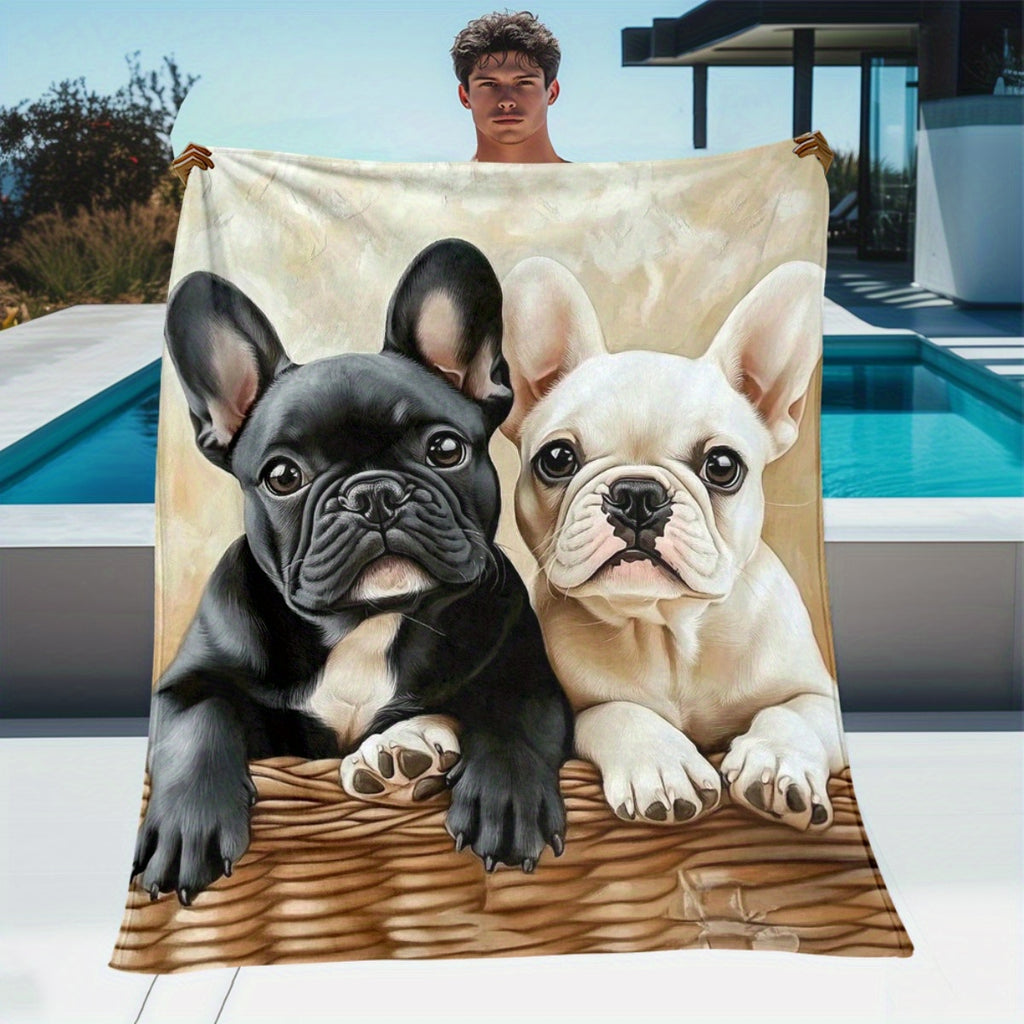 1pc, Adorable Pug Pattern Fleece Blanket, Soft, Comfortable And Warm, Beige And Brown Design, Durable Plush, All-Season Bed Blanket, Warm Cover, Multiple Sizes Available, Suitable for Living Room Sofa, Bedroom Bed, Reading Corner, Leisure Time