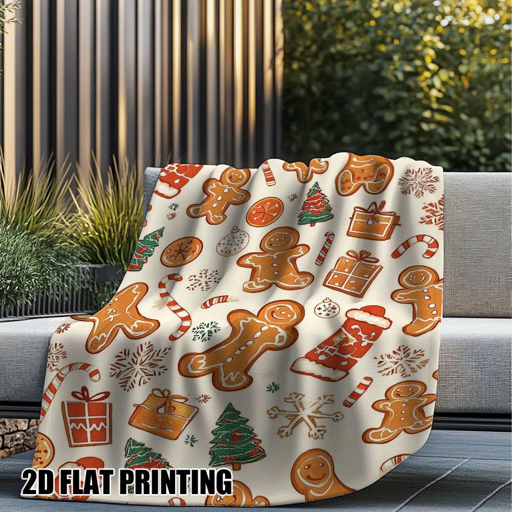 1pc Gingerbread Man And Christmas Candy Theme Beige Flannel Oversized Blanket, Winter Holiday Decor Design, Large Plush Throw Blanket, Suitable for Weekend Sofa Naps, Dorm Life, Festive Home Decoration