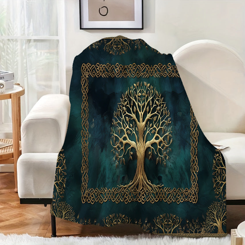 1pc Golden Tree Pattern Blanket, Retro Style Design, Soft Plush Surface, Flannel Material Lightweight And Durable, Multiple Sizes Available, Ideal for Holiday Gatherings, Living Room Leisure, Bedroom Warmth, Study Reading, Seasonal Home Decor