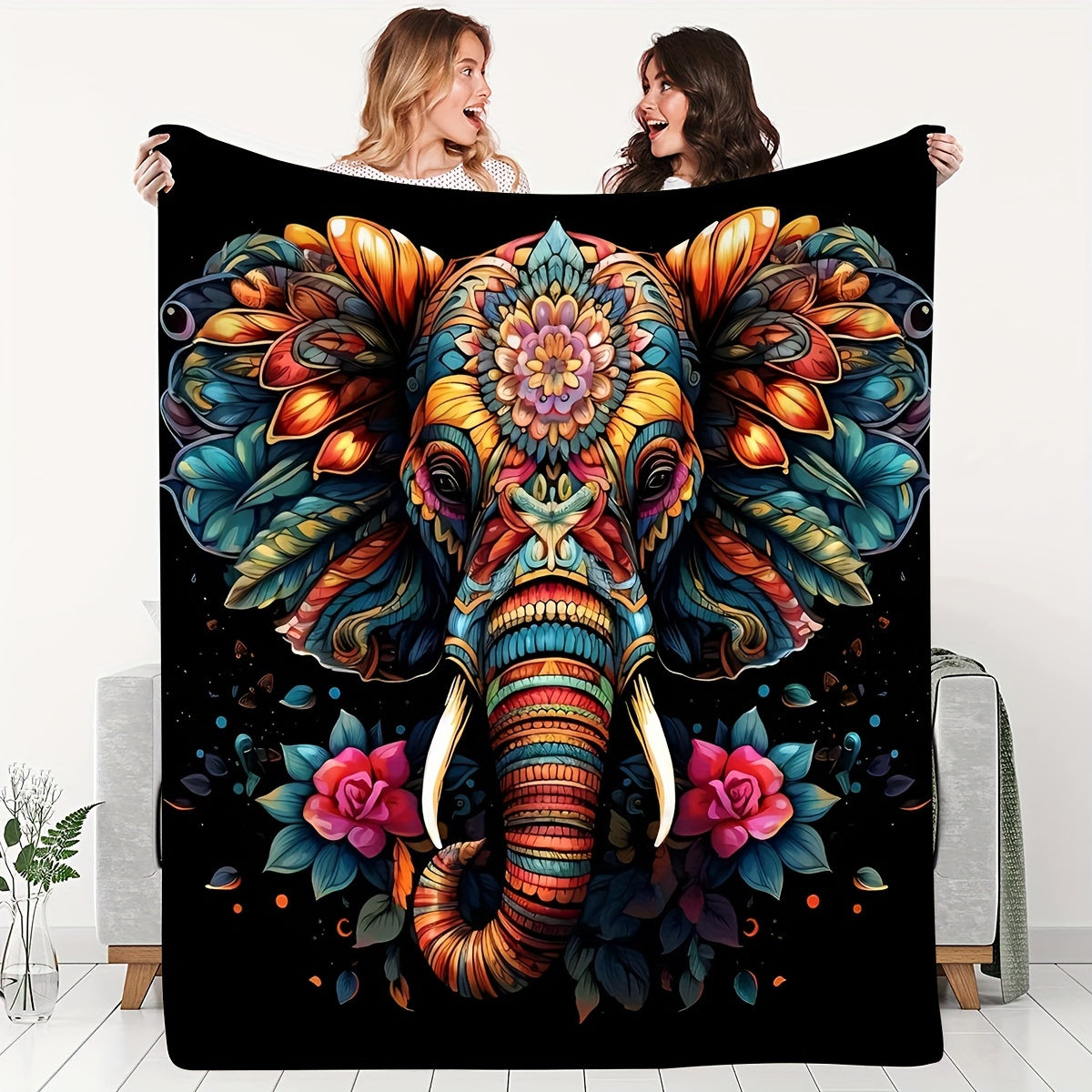 1pc 2D Flat Print, Colorful Elephant and Floral Themed Blanket, Soft Flannel Throw—black Base with Golden and Blue Design, Multiple Sizes Available, Suitable for Living Room, Bedroom, Sofa,, and Outdoor Use, 2D Flat