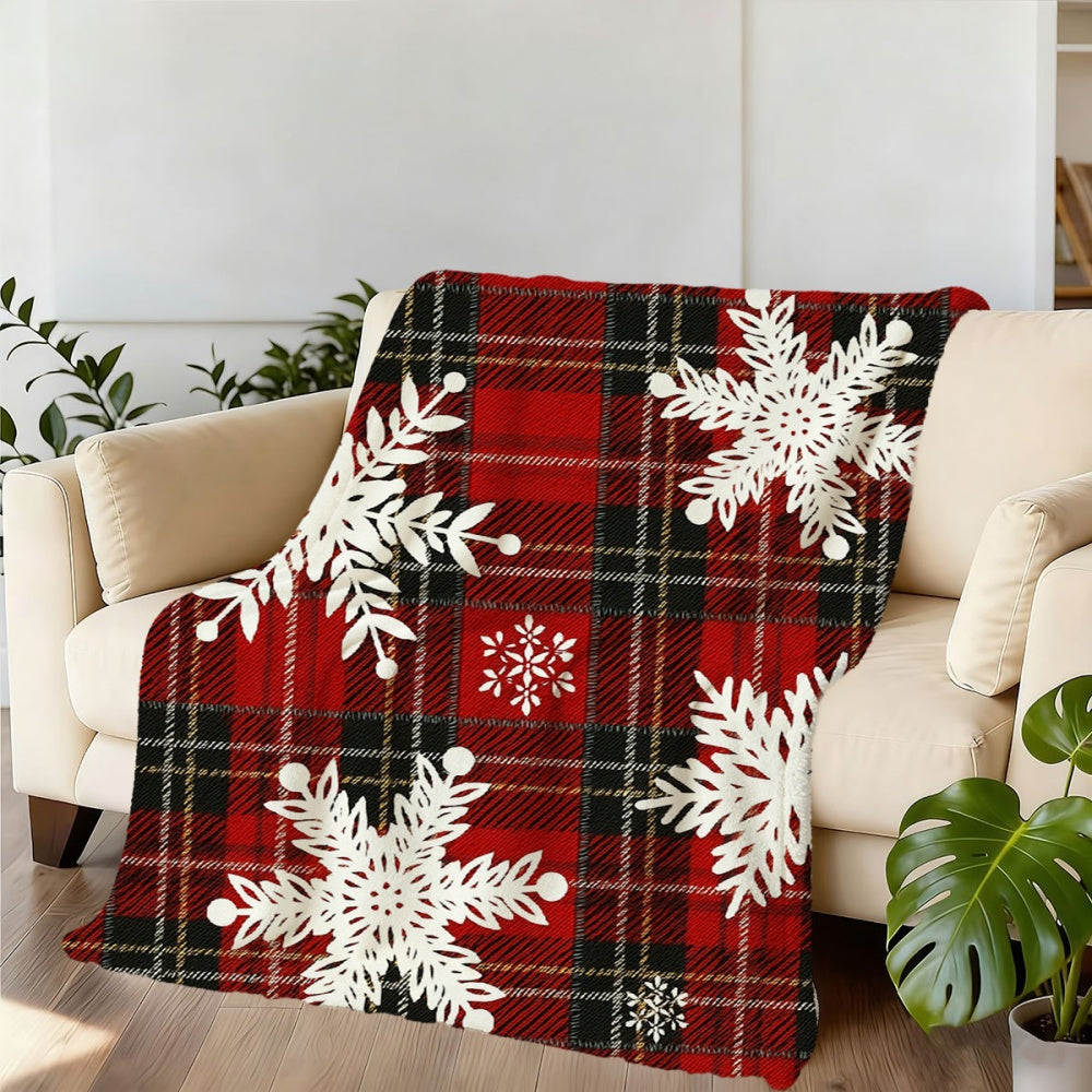 1pc, 2D Flat Red Plaid And White Snowflake Theme Flannel Blanket, Soft Comfortable Warm, Red Black Holiday Design, Durable Plush Surface, All Seasons, Warm Cover, Suitable for Living Room Sofa Cover, Reading Time, Weekend Sofa Nap