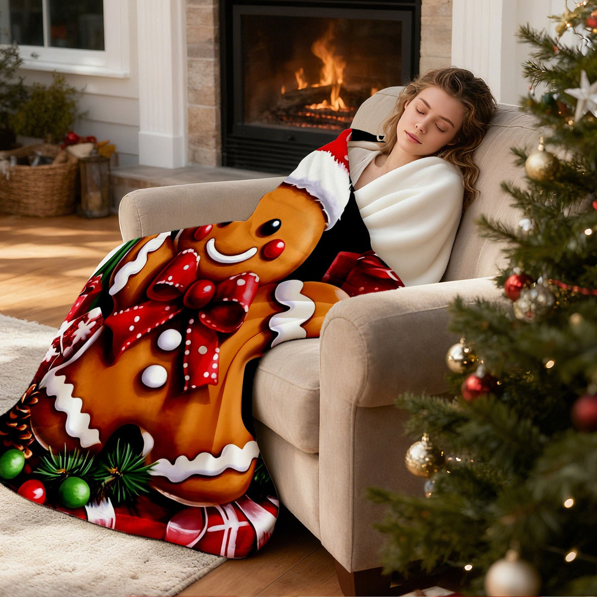 A Gingerbread for Man Pattern Santa Hat Gift, Comfortable Flannel Blanket, Soft and Warm Flannel Sofa Blanket, Suitable for Sofas, Cars and Offices, a Must for Naps, Christmas Gifts