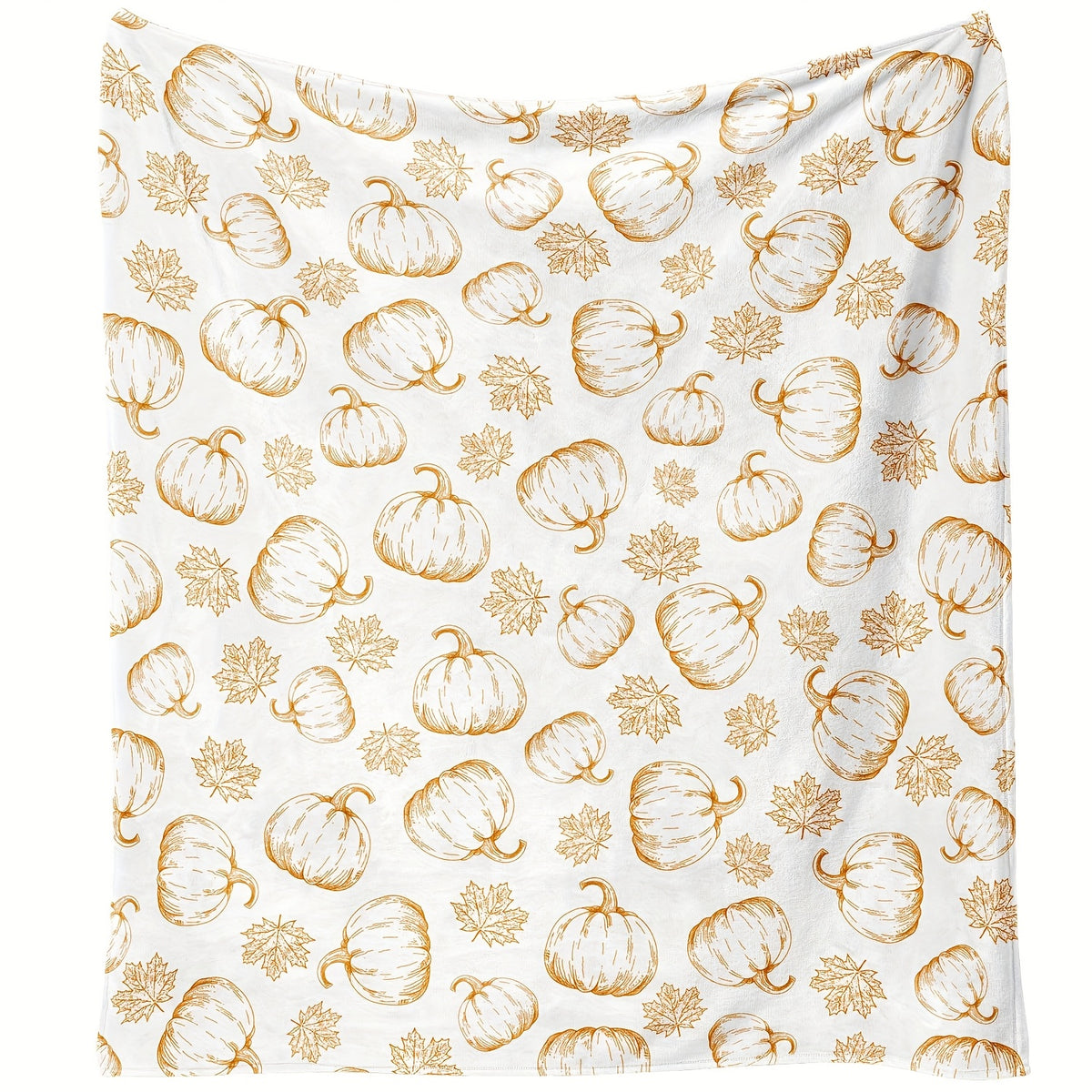 1pc Autumn Pumpkin And Maple Leaf Pattern Golden Line Design White Flannel Blanket, Soft Comfortable Warm, Durable Plush, All-Season Bed Blanket, Warm Cover, Multiple Sizes Available, Suitable for Living Room Sofa, Bedroom Bed, Reading Corner