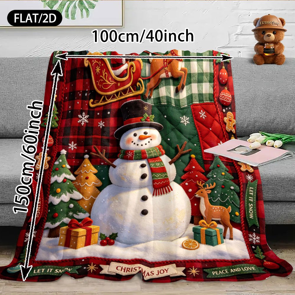 Vintage Country Style Patchwork Plaid Flannel Blanket, Christmas New Year Theme, Large Snowman Santa Claus Reindeer Sleigh Christmas Tree Gift Box Gingerbread Man Pattern, HAPPY NEW YEAR Christmas Joy Text Elements