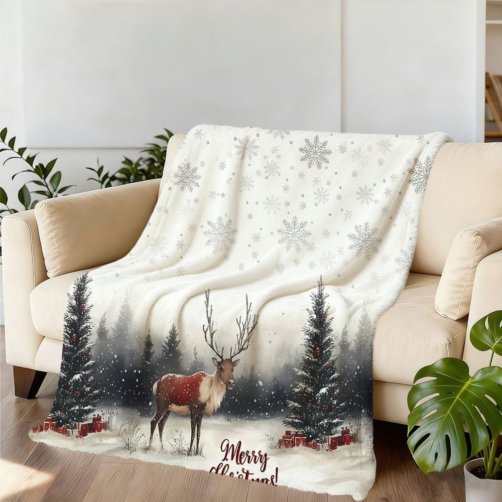 1pc Christmas Reindeer And Fir Tree Snowflake Pattern Flannel Blanket, Soft Comfortable Warm, White Winter Design, All-Season Blanket, Warm Cover, Multiple Sizes Available, Suitable for Living Room Sofa, Bedroom, Reading Corner