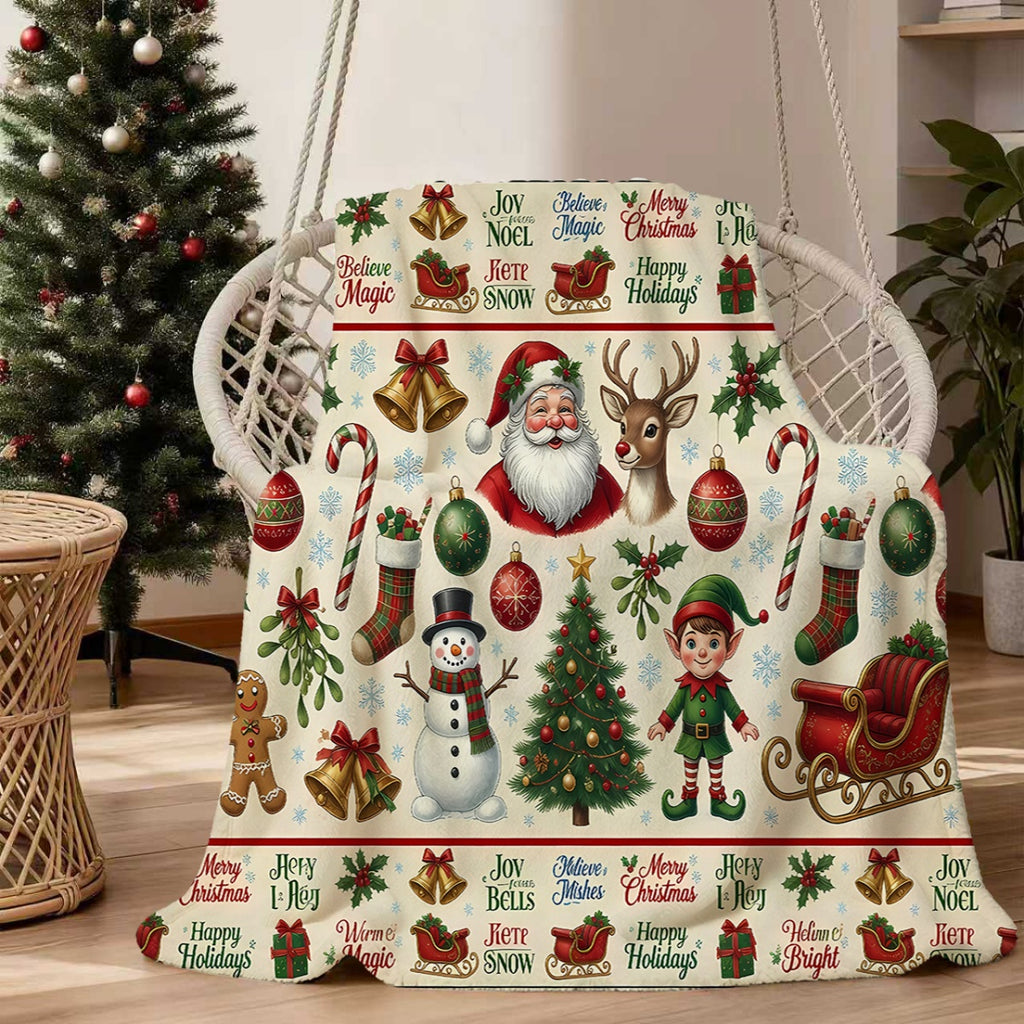 1pc, Santa And Reindeer Pattern Flannel Blanket, Soft Comfortable Warm, Beige Holiday Design, Durable Plush, All-Season Sofa Blanket, Warm Cover, Multiple Sizes Available, Suitable for Living Room Sofa, Bedroom, Reading Corner, Holiday Parties