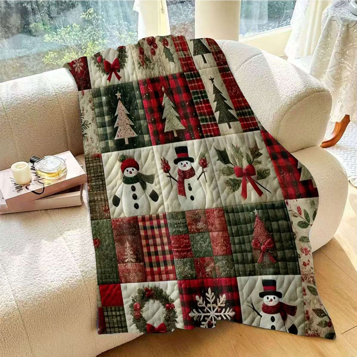 1pc Christmas Theme Quilted Blanket, Snowflake Snowman Christmas Tree Pattern, Red and Green Plaid Patchwork Design, Holiday Decoration Sofa Blanket, Winter Warmth Thickening, Single Nordic Style Home Soft Decoration, New Year's Gift Is Preferred