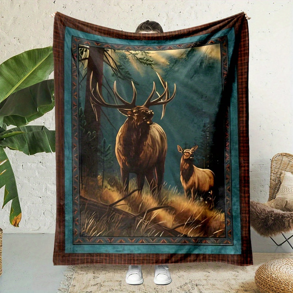 1pc 2D Flat-printed Forest Elk Pattern Blanket, Soft Flannel Throw, Dark Brown and Blue-green Design, All-season Warm Cover Blanket, Available in Multiple Sizes, Suitable for Living Room Sofas, Bedroom Headboards, Reading Nooks, Lounge Chairs