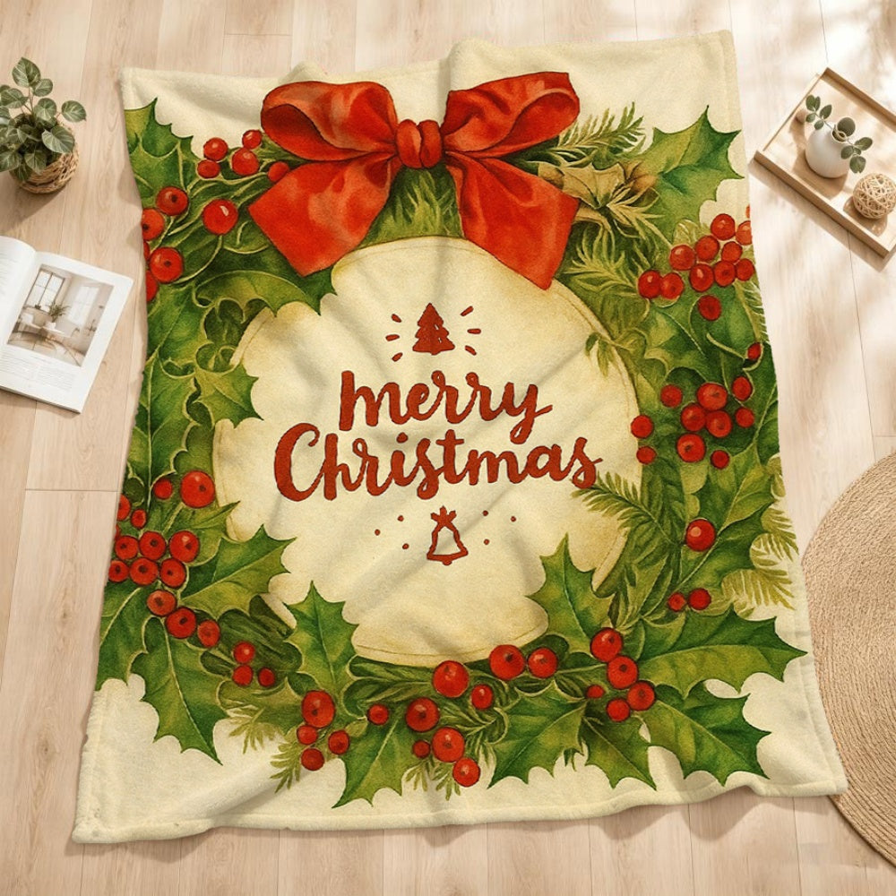 1pc Christmas Holly Wreath And Red Bow Design Cream White Flannel Blanket, Festive Decor Style, Soft Plush All-Season Use, Suitable for Weekend Sofa Naps, Holiday Home Decoration, And Entertainment Time