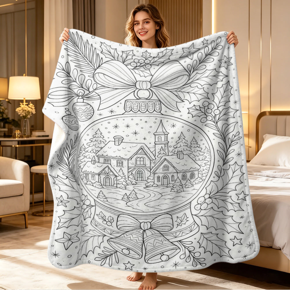 Colored And Decompressed Hand-Painted Wind Blanket - Christmas Crystal Ball Snow Flannel Blanket, Center Crystal Ball Is a Winter Village Hut, with Bows, Bells, Holly Leaves, And Christmas Balls