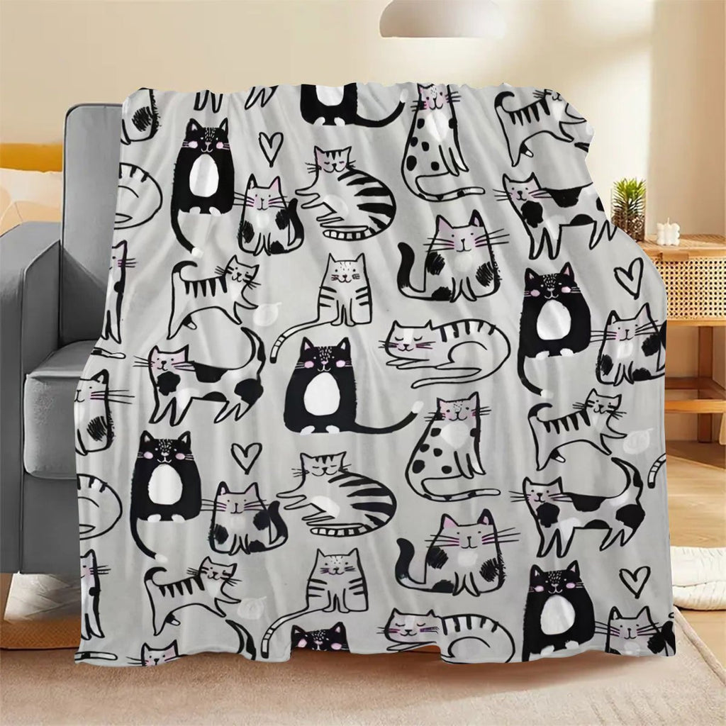 1pc 2D Flat Printing, Cute Kitten Pattern Blanket, Soft Fleece Blanket - Black, White, Gray Design, Multiple Sizes Available, Suitable for Living Room, Bedroom, Sofa, And Reading Nook