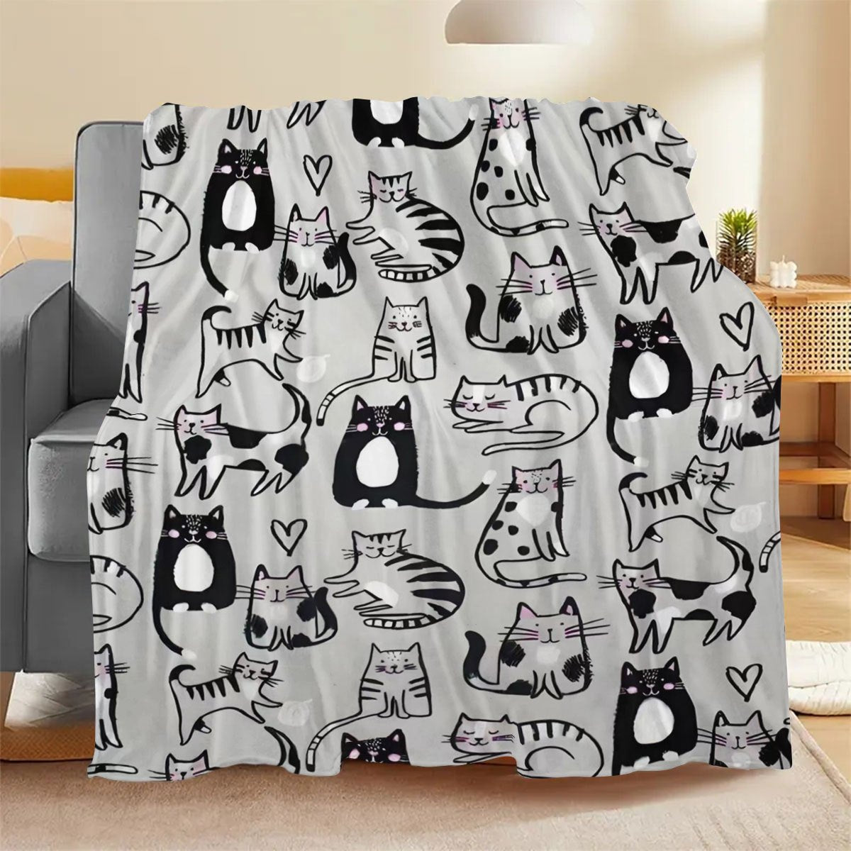 1pc 2D Flat Printing, Cute Kitten Pattern Blanket, Soft Fleece Blanket - Black, White, Gray Design, Multiple Sizes Available, Suitable for Living Room, Bedroom, Sofa, And Reading Nook
