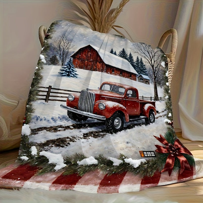 1pc, Soft Flannel Rectangular Sofa Blanket, Red Truck in The Snow, Modern Style, Soft And Comfortable, Machine Washable, Comfortable Household Items, Suitable for Outdoor Use, Christmas And Thanksgiving