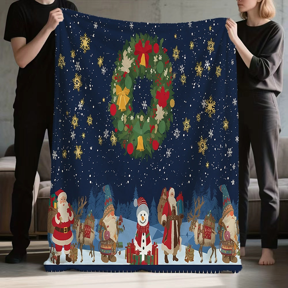 1 Christmas Wreath and Snowman Pattern Flannel Blanket, Soft, Comfortable, and Warm, with a Deep Blue Starry Sky Design. A Four-season Universal Sofa Throw, a Warm Lap Blanket, Available in Multiple Sizes. Suitable for Living Room Sofas