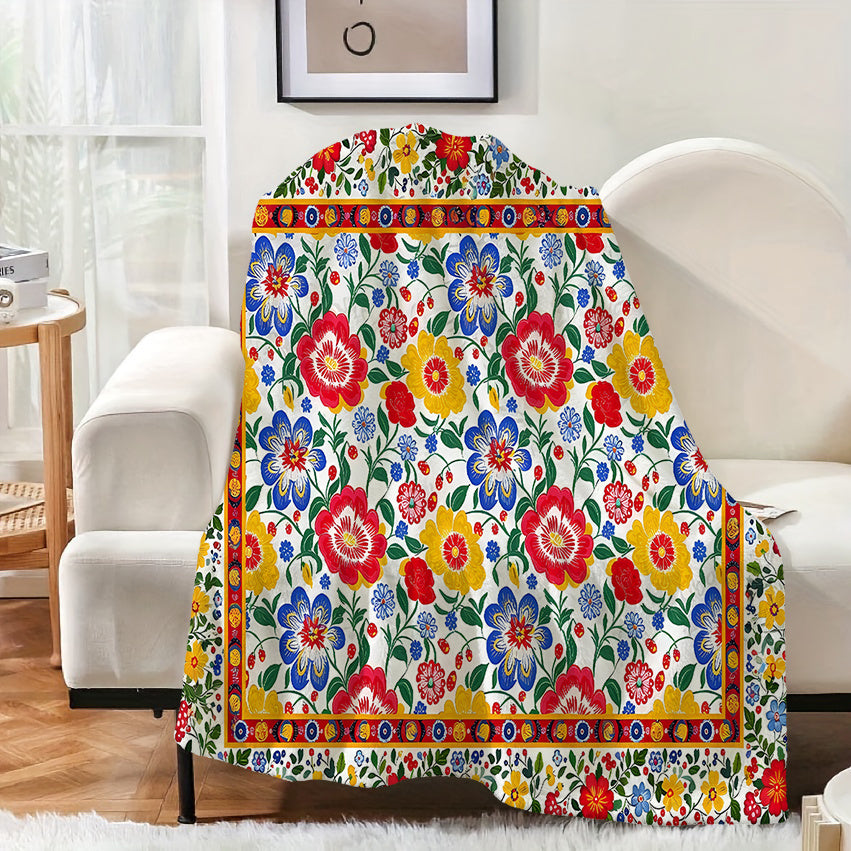 1pc Ethnic Style Floral Patterned Blanket, Retro Design, Soft Plush Surface, Flannel Material Lightweight And Durable, Multiple Sizes Available, Ideal for Holiday Gatherings, Living Room Leisure, Bedroom Warmth, Study Reading, Seasonal Home Decor