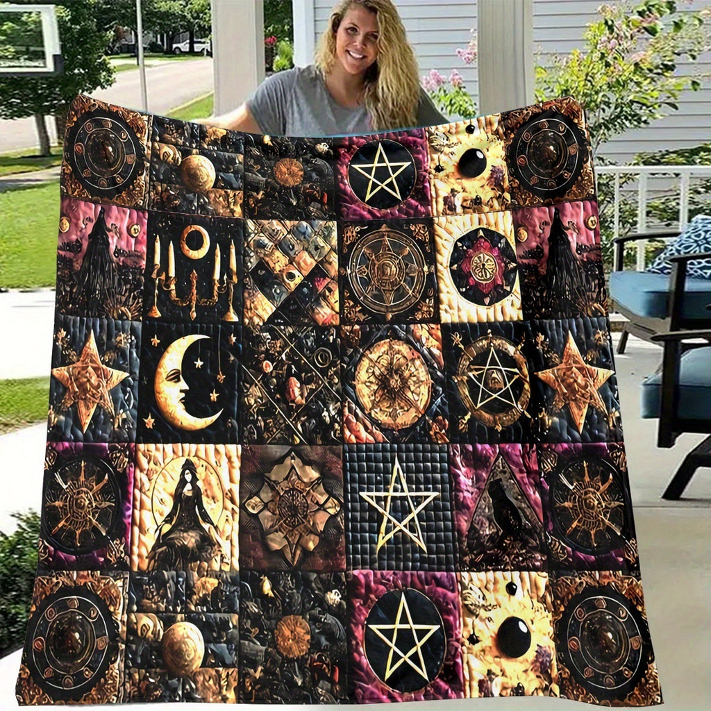 1pc 2D Flat Printing, Mysterious Symbols And Moon Wizard Pattern Blanket, Soft Fleece Blanket, Black Golden Purple Main Color Design, All-Season Warm Throw, Multiple Sizes Available, Suitable for Living Room, Bedroom, Balcony, Courtyard, And Sofa