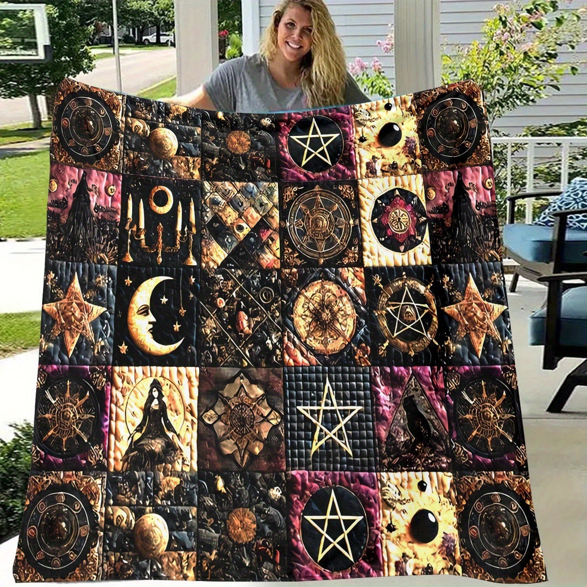 1pc 2D Flat Printing, Mysterious Symbols And Moon Wizard Pattern Blanket, Soft Fleece Blanket, Black Golden Purple Main Color Design, All-Season Warm Throw, Multiple Sizes Available, Suitable for Living Room, Bedroom, Balcony, Courtyard, And Sofa