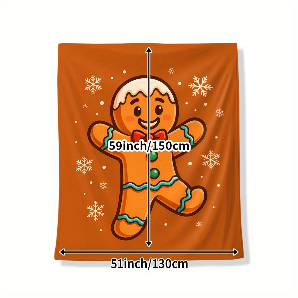 1pc Christmas Gingerbread Man Pattern Orange Snowflake Design Flannel Blanket, Soft Comfortable Warm, Durable Plush All-Season Bed Blanket, Warm Cover for Living Room Sofa, Bedroom Bed, Holiday Decor, Casual Reading, And Winter Heating