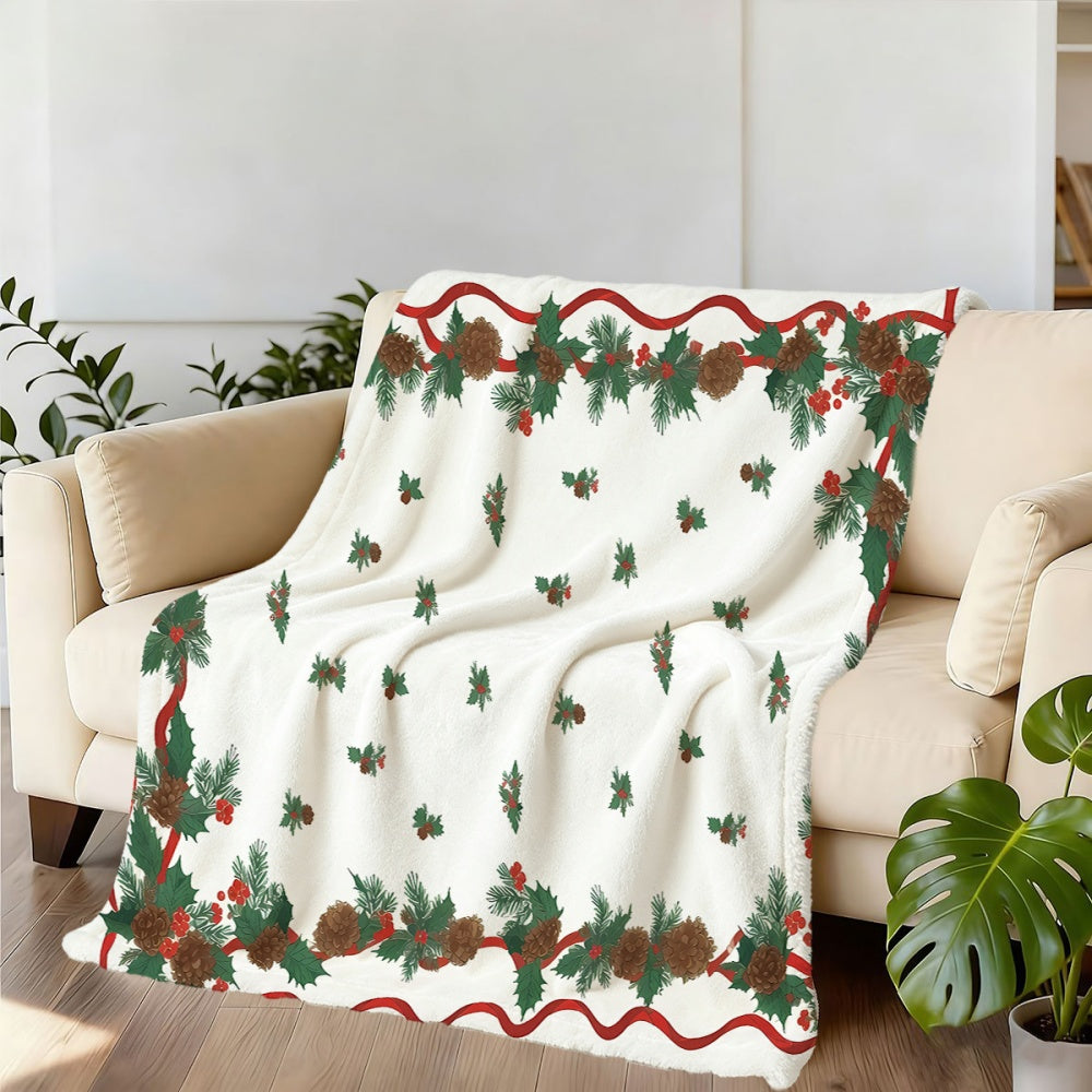 1 Christmas Pinecone and Holly Leaf Pattern Flannel Blanket, Soft, Comfortable, and Warm, with a White Base and Red-green Decorative Design. A Four-season Universal Sofa Blanket and Warm Throw Blanket, Available in Multiple Sizes. Suitable for Living