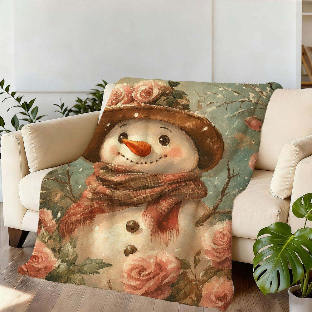 1pc, 2D Flat Snowman and Rose Floral Decorative Themed Flannel Blanket, Soft, Comfortable, and Warm, Beige-brown Holiday Design, Durable Plush Surface, Suitable for All Seasons, a Cozy Throw Blanket, Ideal for Home Naps, Reading Time, and Holiday